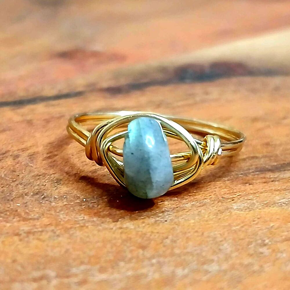 Labradorite Crystal Beaded Ring, Wire Wrapped, Gold, Size 9